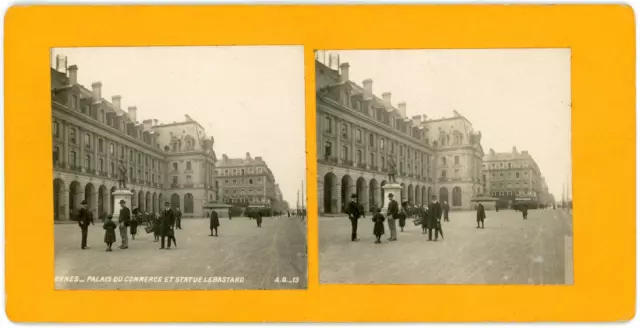 Stereo France, Rennes, Palais du Commerce et statue Le Bastard, circa 1900 Vinta