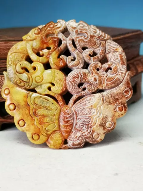 .Rare Ancient Chinese Old Jade Hand Carved Butterfly/Dragon Pendant Statue Y68