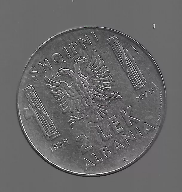 1939, Albania. Albanian 2 Leke. Italy Italian Occupation Coins.  R.   GJ1