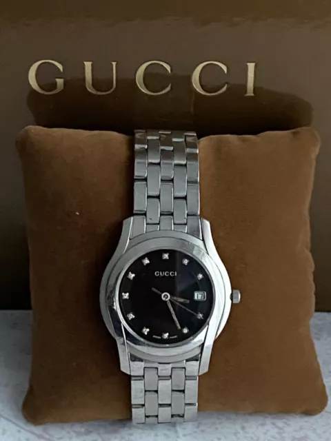 GUCCI MENS WATCH Diamond Silver Bracelet Black Face Swiss 5500XL