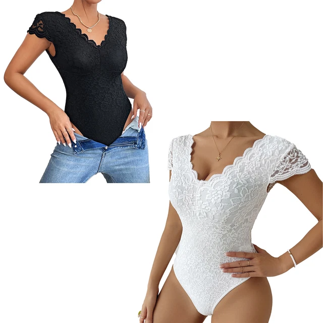 Sexy Womens Bodysuit Floral Lace V Neck Cap Sleeve See-through Leotard Jumpsuit