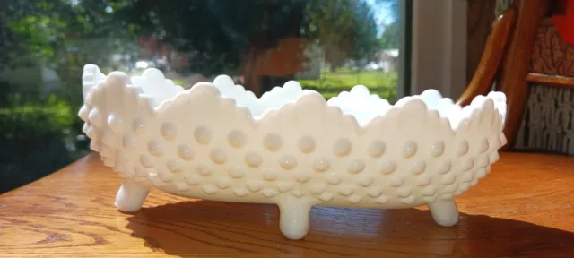 Vintage Fenton Milk Glass White Footed Hobnail Sawtooth Candy Dish Serving Bowl