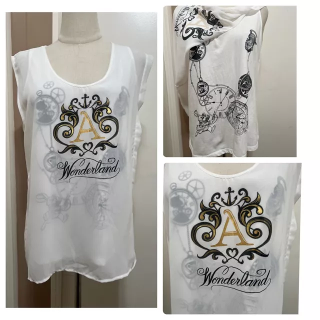 Disney Off White Alice Wonderland Sleeveless Tank Top w/ Sheer Layer  Women's M