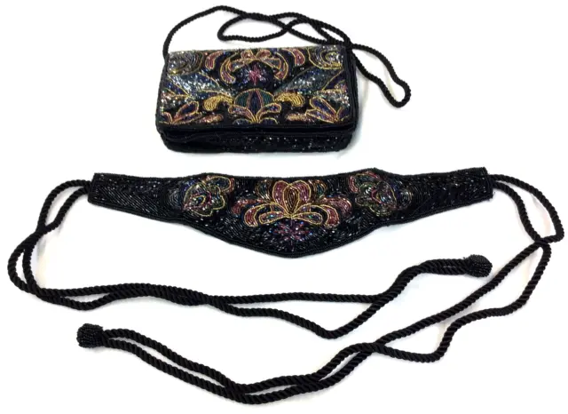 Vtg LILLIAN VERNON Black/Multi Beaded Evening Clutch Bag & Cummberbund Belt Set