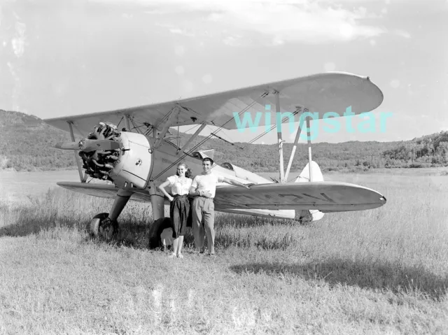 Old Photo Bi-plane Airplane Beautiful Couple Propeller1940s Vintage NEGATIVE