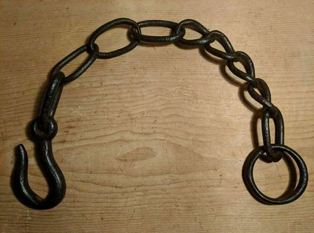Antique Wrought Iron Hook on Length of Chain Beam Iron Ring 24" inch..