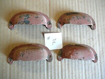 SET of 4 ANTIQUE METAL CUP STYLE BIN DRAWER PULLS - OLD ROSE COLOR PAINT LOT #7