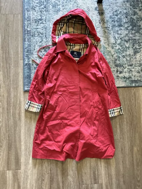 Vintage Burberry Classic Red Rain Coat Hood Checked & Wool Cashmere Lining US 8