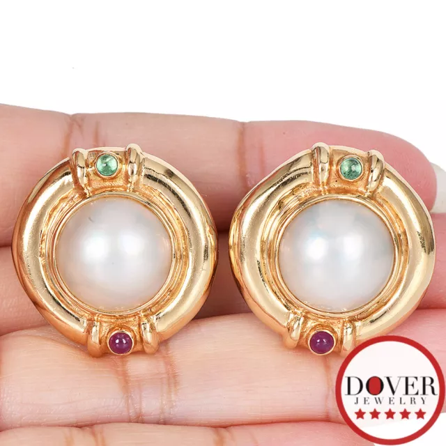 Vintage Ruby Emerald 14mm Mabe Pearl 14K Gold Round Dome Earrings 14.4 Grams NR