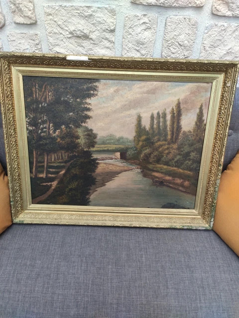 Paysage signé daté tableau huile sur tablette peinture cadre