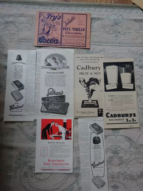 Job lot of adverts - Rowntrees, Frys, Cadburys Suchards etc 1907, 1920s, 1930s