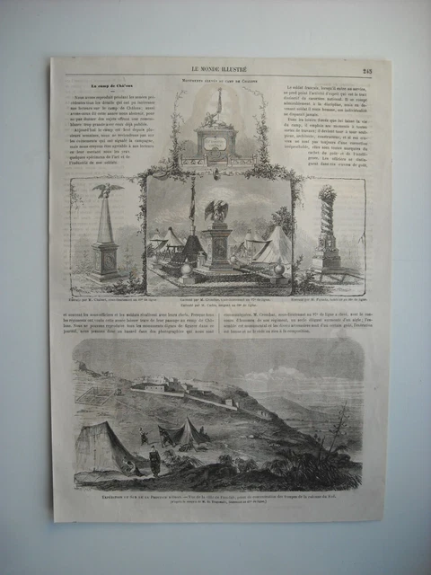 Gravure 1864. Monuments Eleves Au Camp De Chalons. Algerie;  Ville De Frendah...