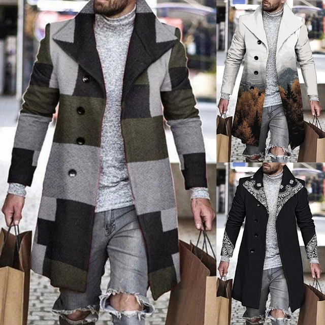 Mens Winter Trench Coat Long Jacket Lapel Neck Outwear Single Breasted Overcoat