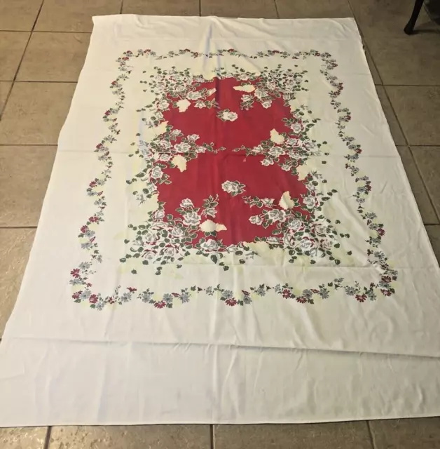 Vintage Tablecloth Cotton White Red & Floral Center 80x52"