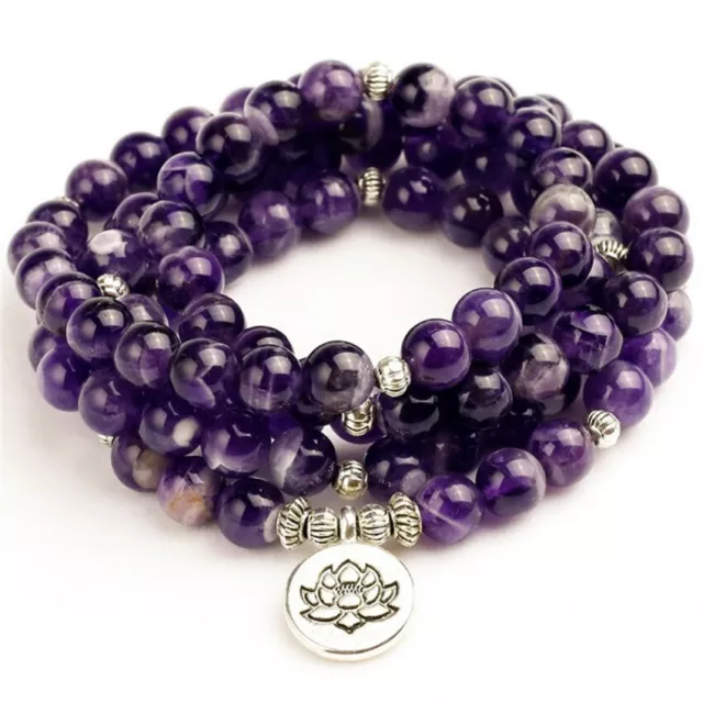 8mm amethyst bracelet Mala lotus pendant 108 beads Lucky Energy Handmade tassel