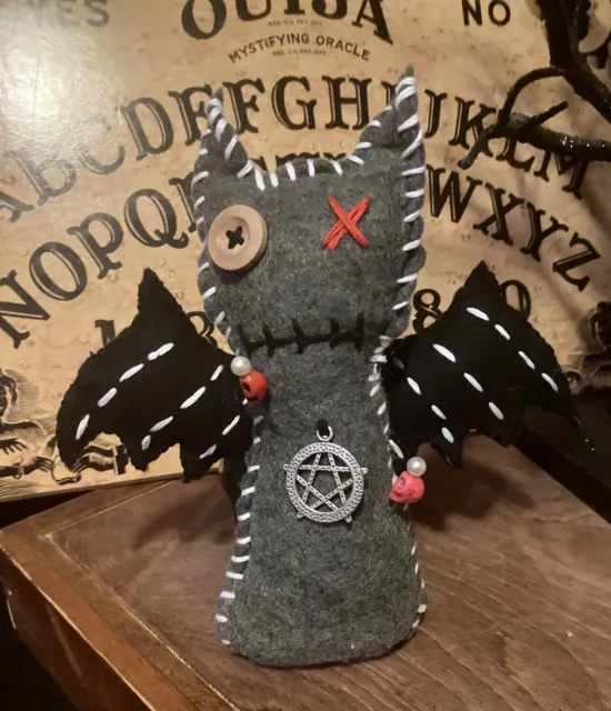Voodoo BAT Doll & Skull Bracelet & Skull Pins 7 In Haunted Horror Poppet Plush