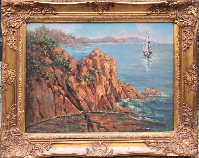 Tableau Peinture Cadre 20è XXè D'Elia Marine Le Trayas Roches rouges rare ancien