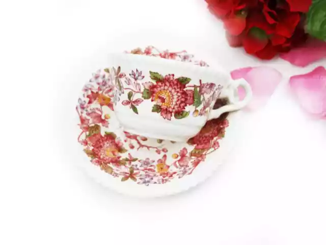 Copeland Spode Tea Cup and Saucer Spode's Aster Red Floral Porcelain England