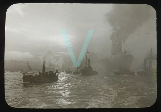 Antique Glass Magic Lantern Slide - Steam Ship & Tugs - Real Photograph
