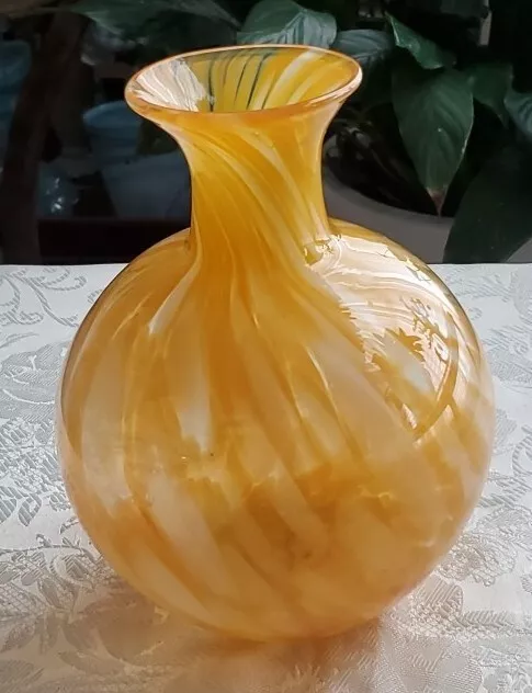 Vintage Swirl Speckled Yellow White Art Hand Blown Glass Bud Vase 8"x6"