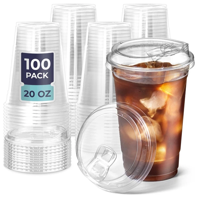 [100 PACK] 20 Oz Clear Plastic Cups with Strawless Sip Lids, Disposable