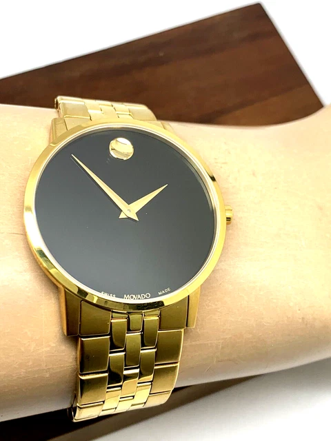 Orologio Uomo Movado 0607203 Museo Quadrante Nero Quarzo Svizzero 40mm Cinturino Acciaio Oro 9