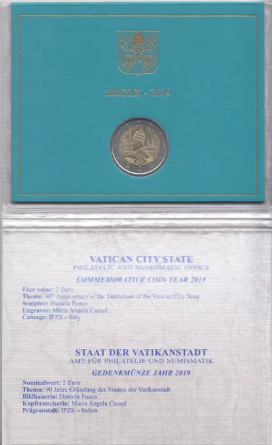 Vatican City BU Coin €2 2019 90th Anniversary Institution Vatican City State