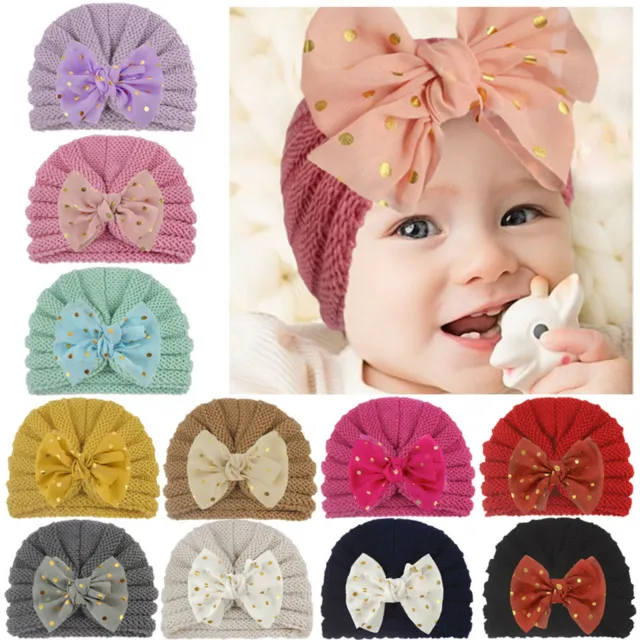 Dot Print Bowknot Knitted Turban Cap Warm Baby Kids Boys Girls Beanie Hat Gift