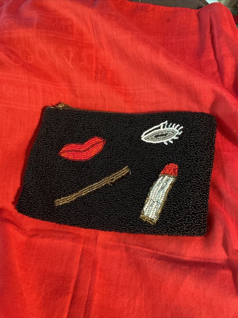 Vintage beaded Zipper Pull Black Purse Clutch For Repair Lipstick Lips Eye