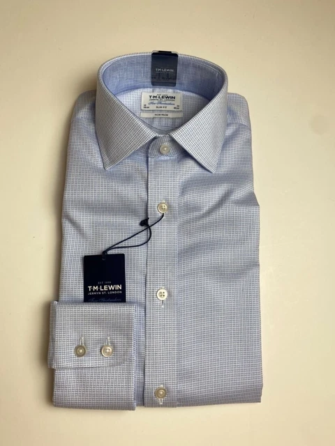 T.M. Camicia Lewin blu scack aderente slim 15"" - 34"" polsino con bottoni NON FERRO