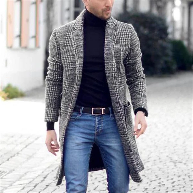 Winter Men Trench Coat Long Jacket Outwear Formal Check Woolen Casual Overcoat