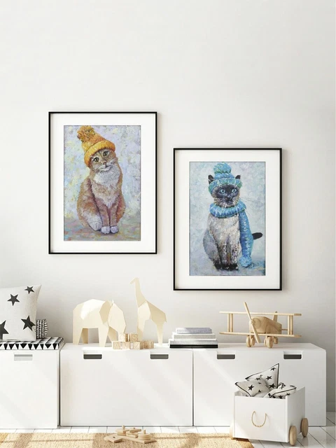 Dipinto gatto con cappello giallo Simpatico gatto Dipinti ad olio originali... 3