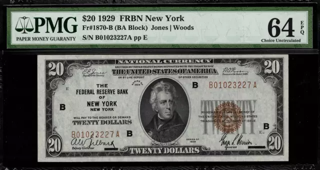 1929 $20 Federal Reserve Bank Note - New York - FR.1870-B - Graded PMG 64 EPQ