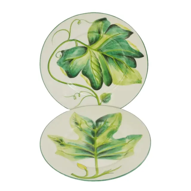 Italian Handpainted Pottery Dinner Plates Green White Botanical Leaf Set of 2