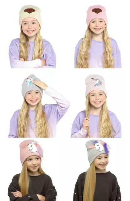 Girls Knitted Hat Kids Sequin Beanie Winter Unicorn Heart Knitted Hats Age 3-8