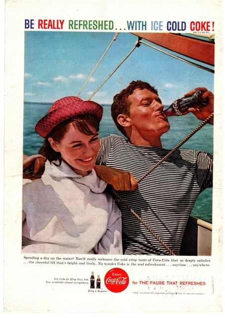 1959 Coca Cola The Pause That Refreshes Sailboat Hat Soda Bottle Ocean Print Ad