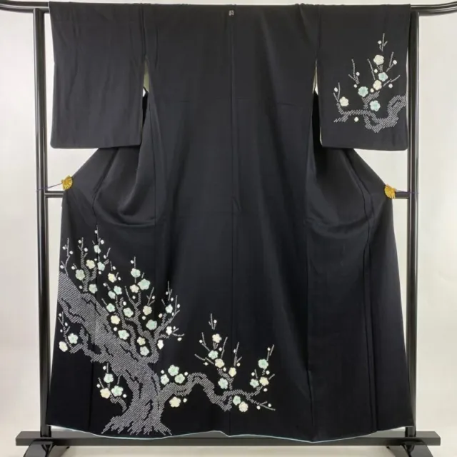 Woman Japanese Kimono Tsukesage Silk Crest Plum Blossom Shibori Black