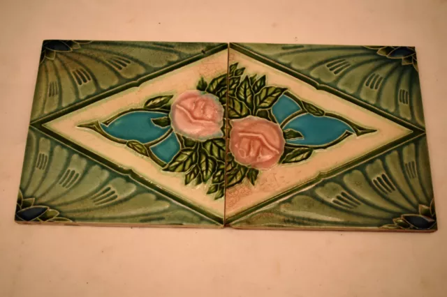 Antique Porcelain Tile Japan Art Nouveau Majolica Floral Rose Ceramic FM Bran"20 2