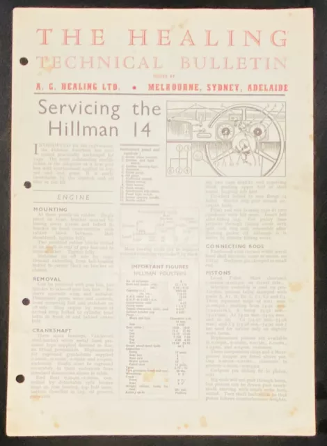 The Healing Technical Bulletin Hillman 14 Servicing Vintage Australia