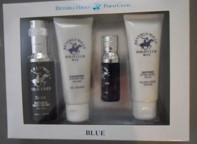 NIB  Men's  Beverly Hills Polo Club Blue 4 Piece Gift Set Body Spray Cologne