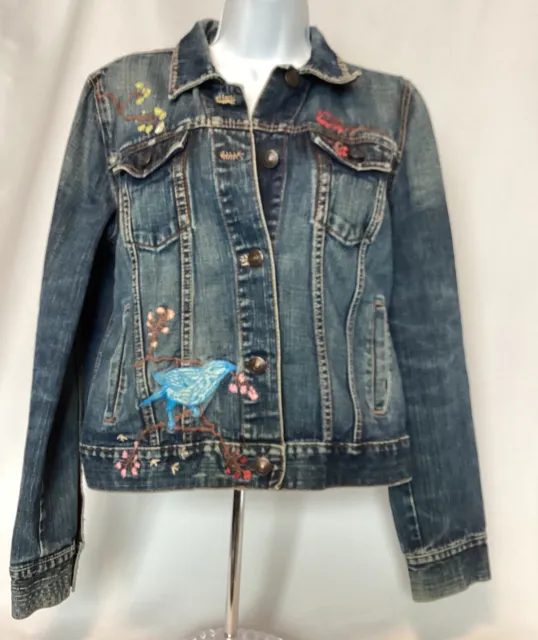 Girl’s Gap Jean Denim Jacket Embroidered Flowers Butterflies Size Large