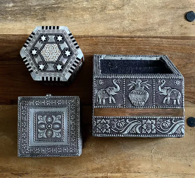 Collection of Ornate Ethnic Lidded Jewellery Trinket Boxes/Desk Organiser