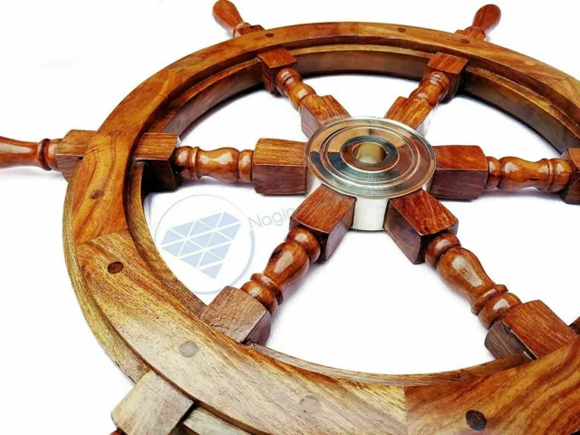 24" Brass Nautical Captain Brown Wooden Ship Steering Wheel Handle Sailing Décor 3