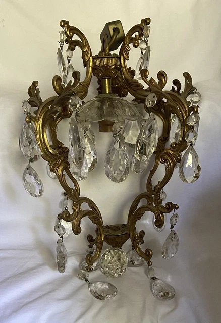 Antique French? Spanish? Bird Cage Chandelier Gilt Heavy Cut Crystal Drops 26” H
