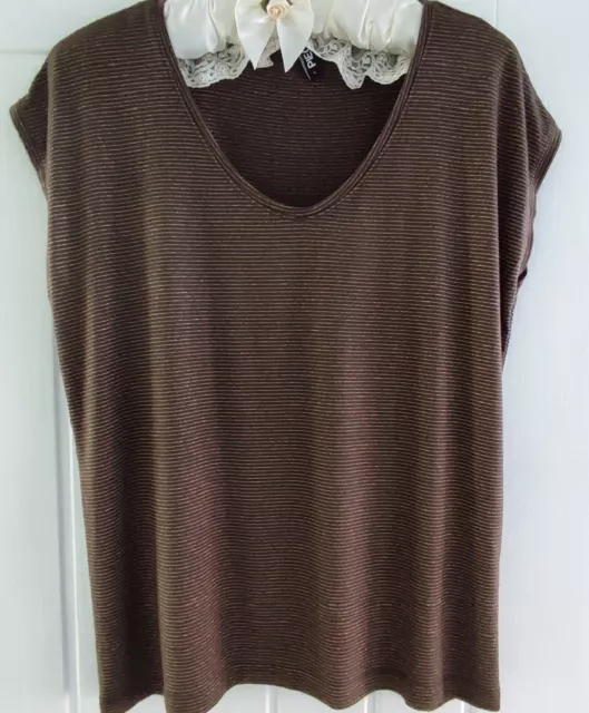 Large size Ladies cap sleeve top Brown with sparkly gold thread - scoop neckline