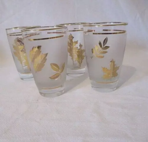 MCM Libbey Gold Foliage Frosted Leaf 10 oz. Flat Tumblers Glasses - Set Of 4