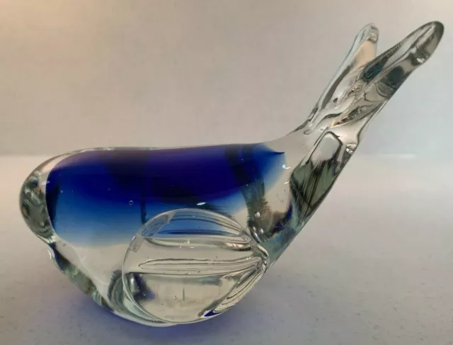 Whale Shaped Cobalt Blue & Clear Art Glass Paperweight Ornament Figurine Animal