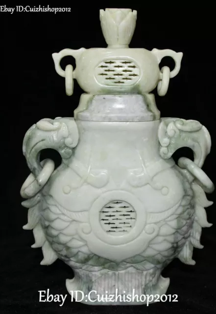 11" Chinese Natural Green Jade Ancient Dragon Beast Fish Pot Jar Vase Bottle