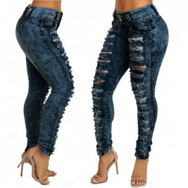 Women Ripped Jeans High Waist Stretch Casual Trousers Skinny Denim Pencil Pants