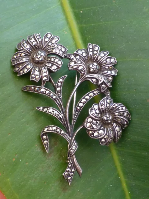 Superb Vintage Sterling Silver & Marcasite Large Flower Pin Brooch Art Deco